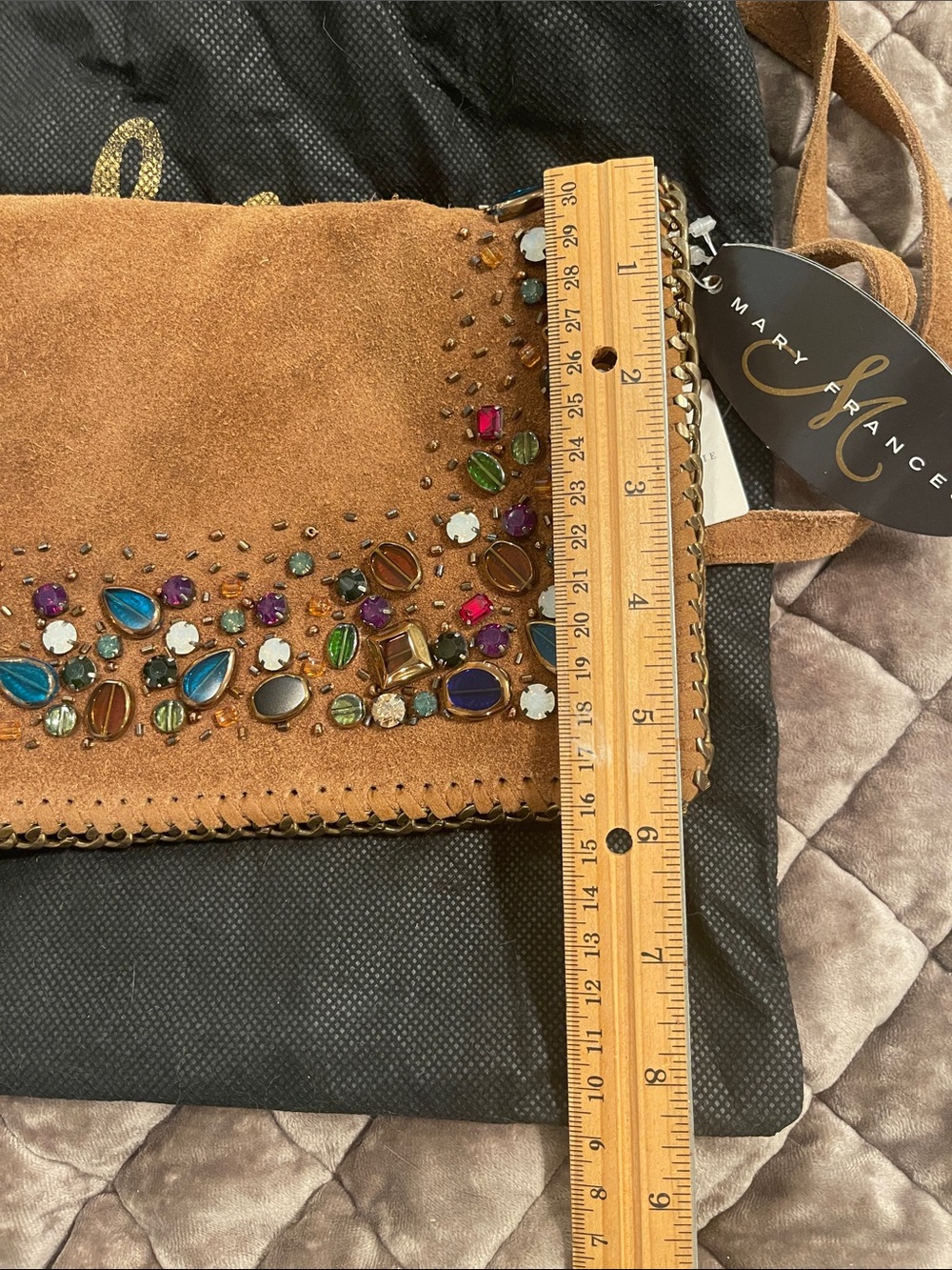 Anthropologie Mary Frances Tan Suede Crossbody with Jeweled Embellishments - Picture 8 of 8